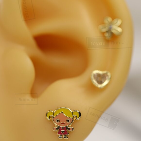 Enamel Girl Stud Earrings For Kids In Solid 14K Gold • Jewelry For Girls. - Picture 7 of 15